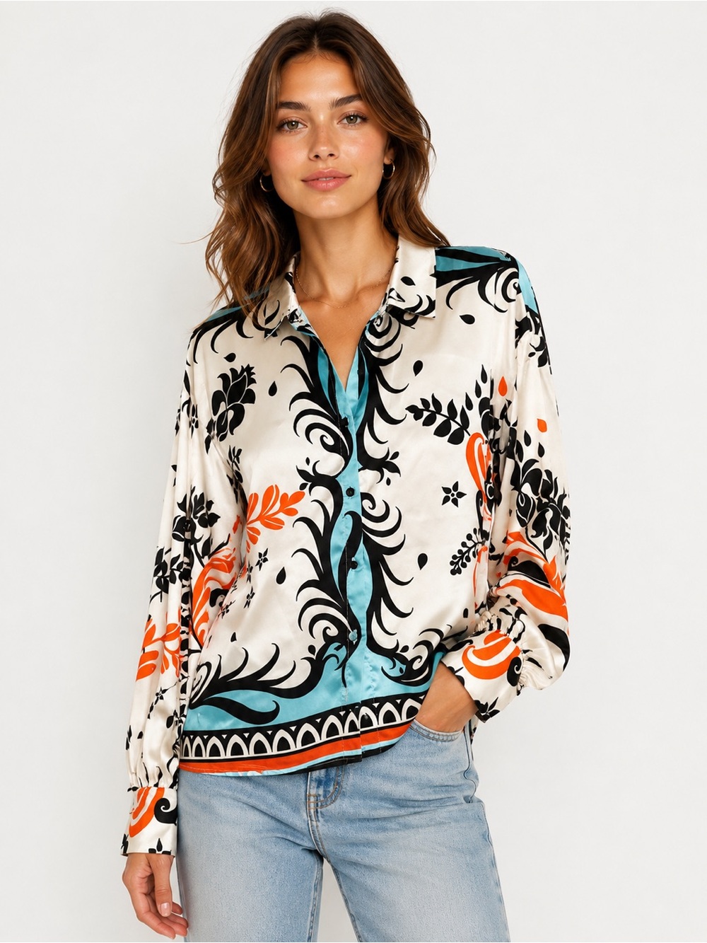Fate Satin Silky Printed Button-Up Blouse in Cream with Turquoise & Orange